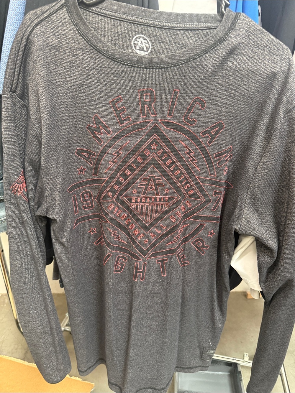 American Fighter Women's Charcoal Gray Long-Sleeve Graphic Tee with Pink Accent